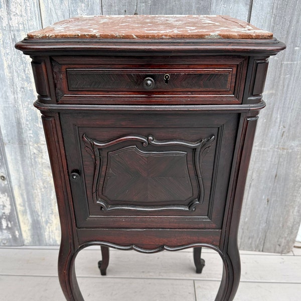 Antique French Louis XV Mahogany & Fossilized Marble Bedside Cabinet Side Table c. 1880