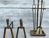 Vintage Modernist Art Deco Style Brass Fireplace Andirons and Tool Set c. 1960