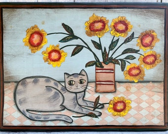 Bonnie Grilli Folk Art Cat & Girasoles Pintura Acrílico a bordo Firmado Original **ENVÍO GRATIS**
