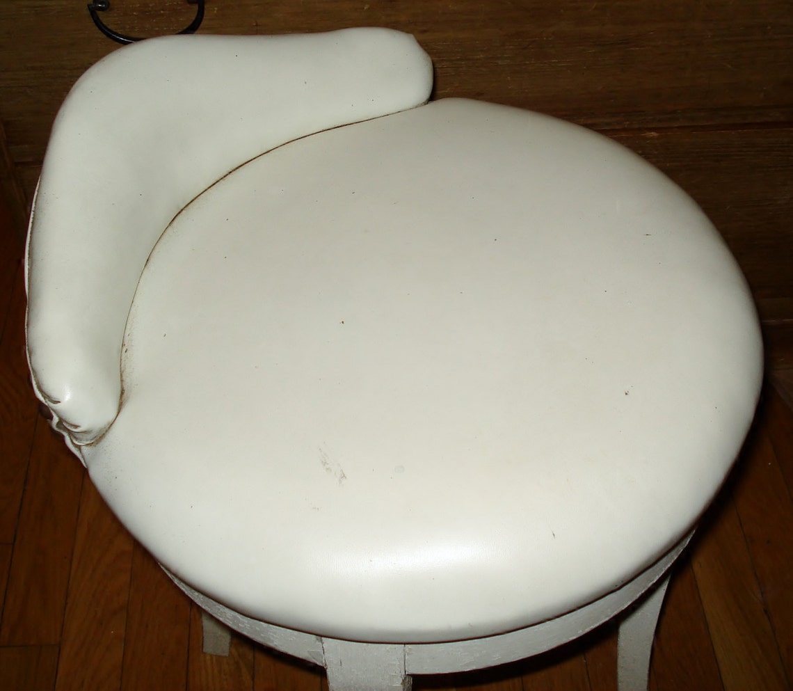 Vintage MCM Vanity Chair Swivel Stool White Faux Leather Etsy