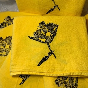 Thistle Flower Linocut Yellow Cotton Tea Towel: Block Print Home Decor