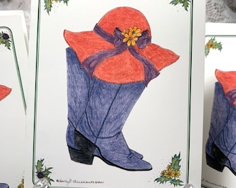 Boots and Hat Note Cards, Stationery Blank Note Card, Cowgirl Boots Blank Note Card