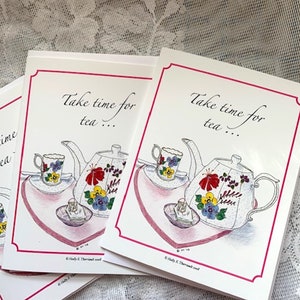 Tea Time Blank Note Card, Teapot Blank Cards, Tea Time Stationery, 5 Cards Per Package