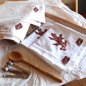 Oak Leaf Linocut Tea Towels: Hand Printed Cotton Kitchen Decor