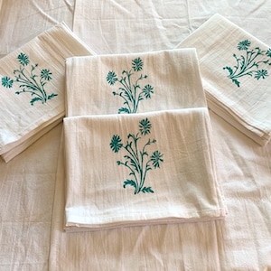 Hand Printed Teal Flower Tea Towels: Linocut Block Print