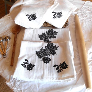 Hand Printed Maple Leaf Tea Towel: Linocut Cotton Kitchen Decor