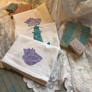 Hand Printed Lighthouse & Seashell Tea Towel: Linocut Block Print