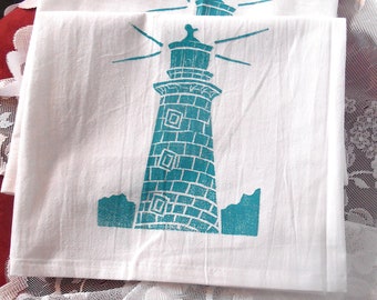 Linocut Block Turquoise Colored Lighthouses Hand Printed Tea Towels, Home and Living, Kitchen and Dining, kitchen Gift Ideas
