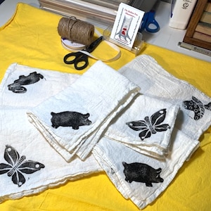 Linocut Printed Cotton Napkins: Butterfly, Rabbit, Pig, Mushroom - Set of 2