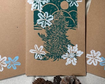 Hand Printed Winter Forest Linocut Journal: Kraft Cover Artist Notebook