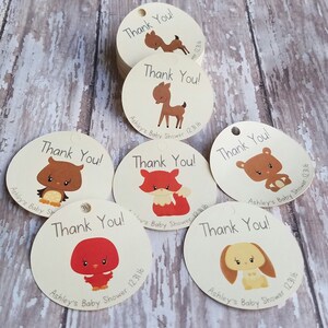 Gender Neutral Woodland Animals, Woodland baby shower, fox, owl, bird, deer, bear, baby, thank you tag, baby shower favor, forest (049)