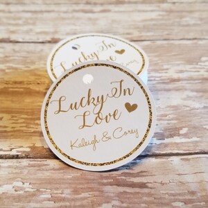 Etykieta ślubna Lucky in Love, upominek na loterię, etykieta na szczęście, bilet na loterię na wieczór panieński, etykieta na wieczór panieński, złoty brokatowy nadruk (275R)