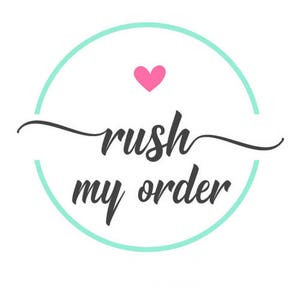 May include: A circular logo with the text "rush my order" in a handwritten style. The text is in dark gray, with a pink heart above the word "rush". The logo is framed by a light teal circle on a white background.