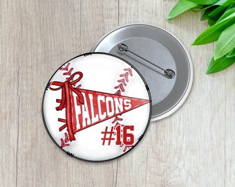 Sport Pennant Banner with Athlete Number Baseball Pin | Personalized Sports Button | Pinback Button | Game Day Spirit (034)