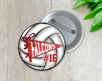 Pennant Banner Mascot and Athlete Number Volleyball Spirit Pin | Personalized Sports Button | Pinback Button | Game Day Spirit (040)