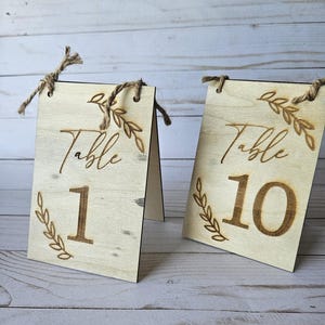 Rustic Folding Wooden Table Numbers with Twine, Freestanding folding table signs for wedding, laser engraved, stained, eucalyptus