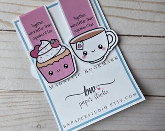 Magnetic Bookmark | Cupcakes & Tea Best Friend Bookmarks | Besties Laminated Page Marker | Gift for Best Friend | Aesthetic Planner Bookmark