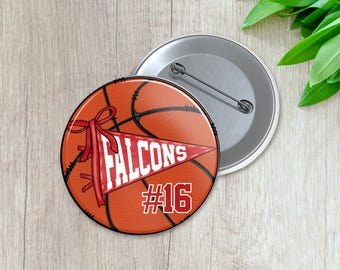 Pennant Banner Mascot and Athlete Number Basketball Spirit Pin | Personalized Sports Button | Pinback Button | Game Day Spirit (038)