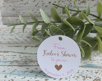 From my shower to yours, favor tag for bridal showers and baby showers, personalized with name and date, printed and shipped, 1.5" (048)