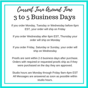 May include: A white background with a teal border contains text detailing order processing times. The text reads "Current Turn Around Time 3 to 5 Business Days" and provides shipping information based on order day and time.
