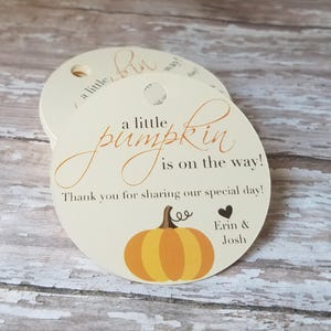 A little pumpkin is on the way baby shower tag, Fall Baby Shower, Pumpkin, Pregnancy Announcement Tag, Halloween Baby (079)