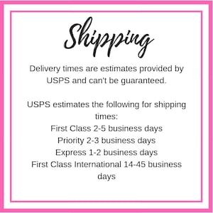 May include: A white background with a pink border and the word "Shipping" in a cursive font. Text below states delivery times are estimates provided by USPS. Additional text lists estimated shipping times for various USPS services.