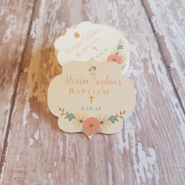 Baptism favor tag, thank you tag, turquoise and coral, floral favor tag, first communion, vintage floral, religious tags (340)