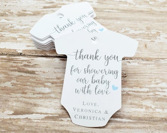 Thank you for showering our baby with love, baby shower tag, body suit shaped tag, baby sprinkle, baby clothes tag, baby shower (415)