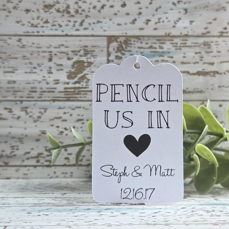 Bedrukt potlood, ons in save-the-date-tag, bedankkaartje voor bruiloften en verlovingsfeesten, gedrukt en verzonden (037) afbeelding 1