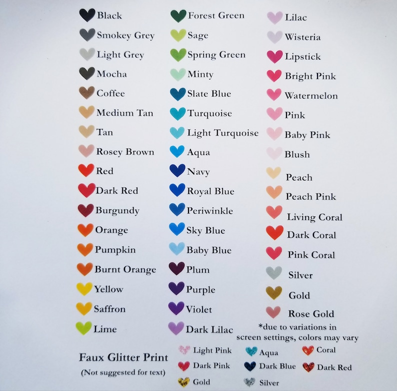 May include: A color chart featuring a variety of shades, each labeled with a name and represented by a heart-shaped icon. Colors range from Black to Silver, including shades like Turquoise, Pink, and Gold. Text at the bottom reads "Faux Glitter Print (Not suggested for text)."