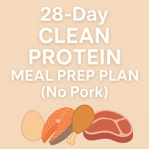 Peut inclure: Une illustration graphique d'un plan de préparation de repas de protéines propres de 28 jours (sans porc) avec des images d'une cuisse de poulet, d'un filet de saumon, d'un steak et d'un œuf.