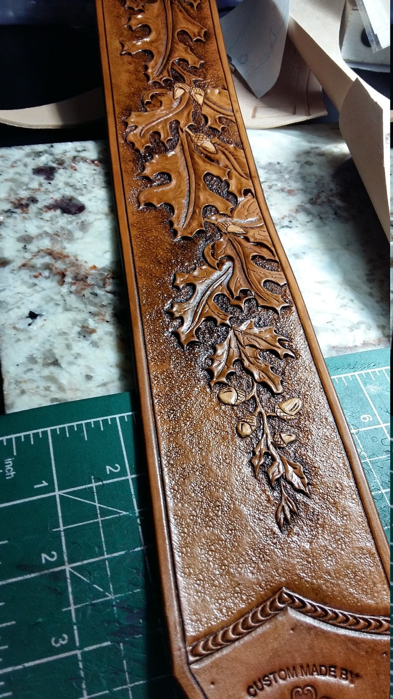 clbLeatherDesign Leather Custom Designed STRAP Oak Leaves and Personalized Acorns-Tree of Life,Tell Your story on this OneOfaKind strap