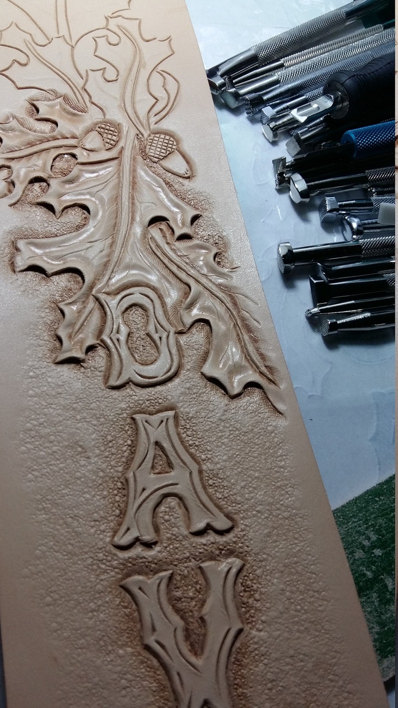 clbLeatherDesign Leather Custom Designed STRAP Oak Leaves and Personalized Acorns-Tree of Life,Tell Your story on this OneOfaKind strap