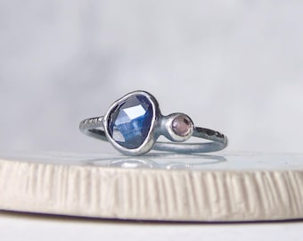 Sapphires Ring, Dark Blue and Pink Stone, Delicate Stacking Silver Ring, Size 7.5