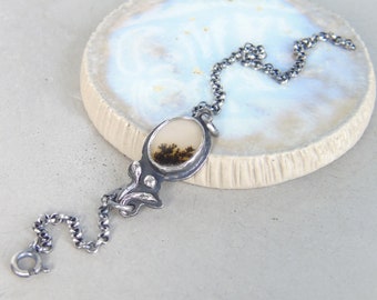 Dendritic Agate Bracelet: Sterling Silver Flower, Artisan Chain