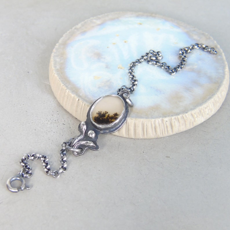 Dendritic Agate Bracelet, Natural Scenic Agate, Silver Flower, Unique Artisan Bracelet, Delicate Sterling Silver Chain Bracelet, OOAK image 1
