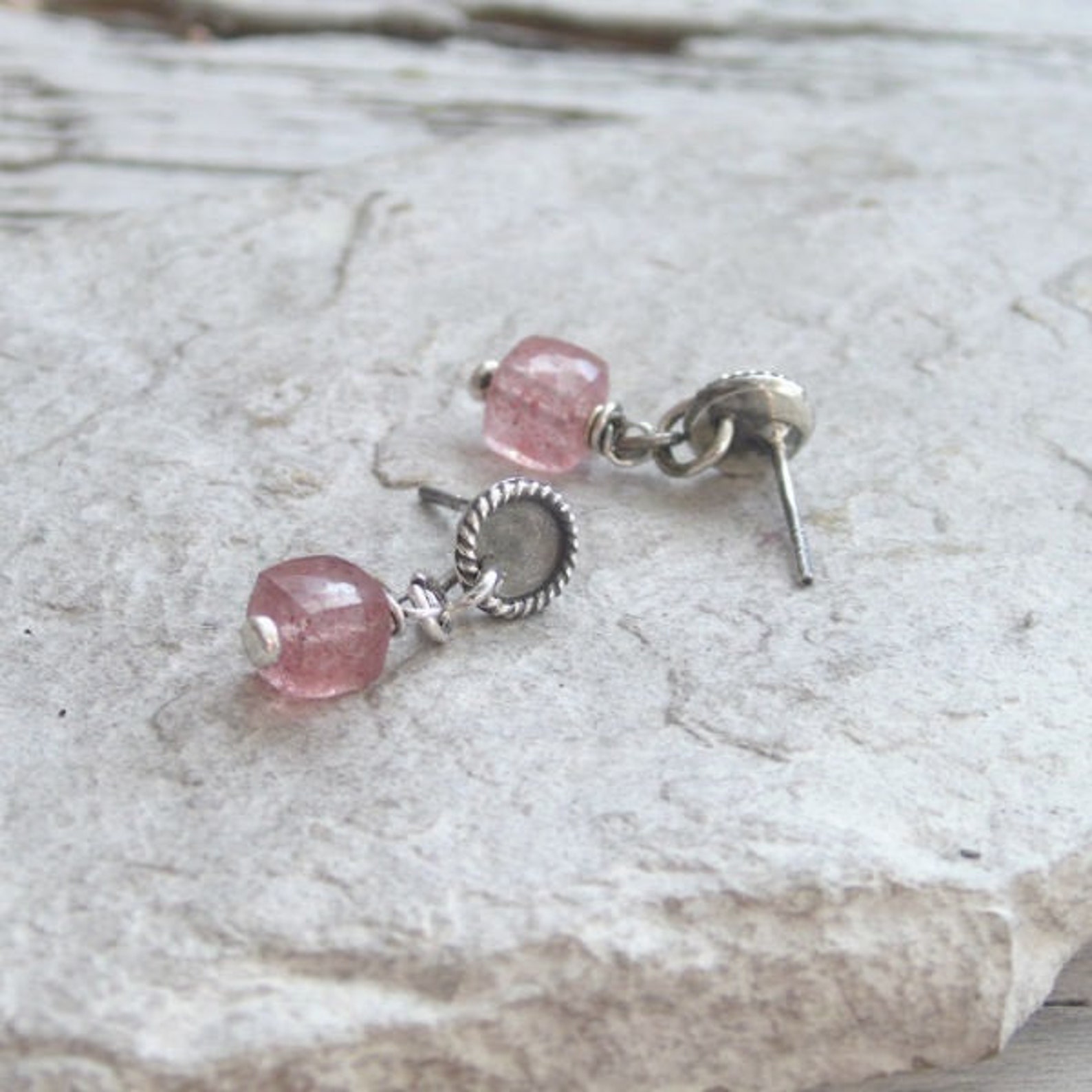 Strawberry Quartz Silver Earrings Handmade Ear Studs Natural Etsy