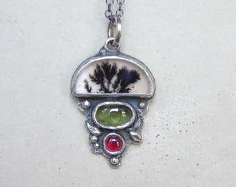 Dendritic Agate, Green Tourmaline and Red Garnet Pendant Necklace, OOAK Jewelry