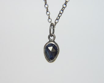 Sapphire pendant, sterling silver necklace, rose cut deep blue sapphire