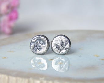 Stamped Sterling Silver Leaf Studs: Minimalist Botanical Earrings