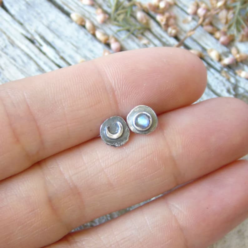Moonstone Earrings Mismatched Earrings Raw Oxidized Silver Studs Celestial Jewellery Silver Moon Earrings Moon Phase Earrings