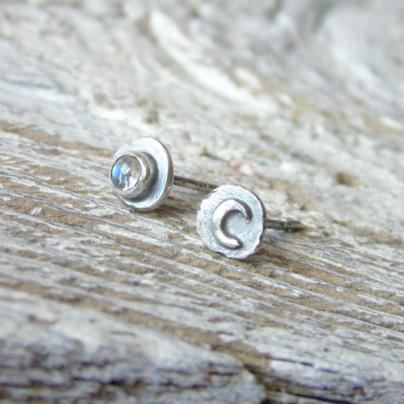 Moonstone Earrings Mismatched Earrings Raw Oxidized Silver Studs Celestial Jewellery Silver Moon Earrings Moon Phase Earrings