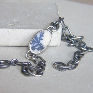 Dendritic Agate Bracelet, Hand Forged Silver Chain, Natural Scenic Agate, Oxidized, OOAK
