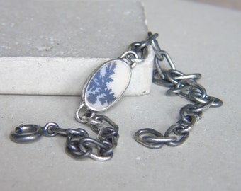 Dendritic Agate Bracelet, Hand Forged Sterling Silver Chain, Natural Scenic Agate, Oxidized Silver, OOAK