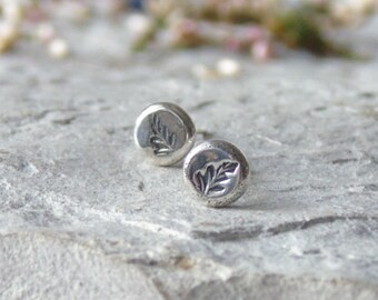 Tiny silver studs, stamped leaf earrings, custom stamped studs, handmade ear studs