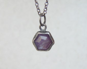 Pink Ruby Pendant, Hexagon Silver Charm, Natural Ruby Necklace