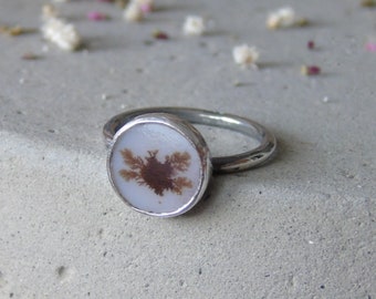 Dendritic Agate Ring, Botanical Scenic Agate, Sterling Silver OOAK Ring, Unique Plant Ring, Size 8