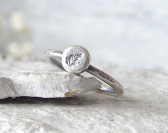 Sterling Silver Leaf Ring, Custom Hand Stamped Stacking Ring