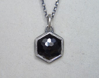 Black Spinel Pendant, Silver Necklace, Hexagon Pendant