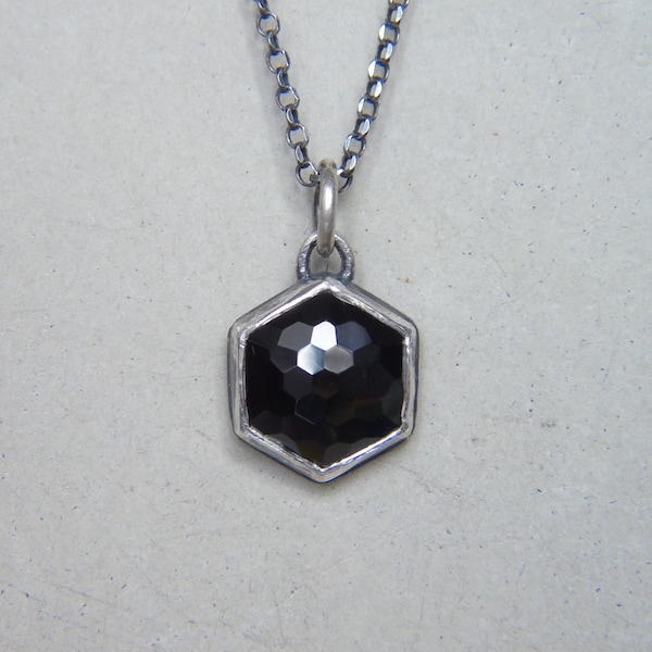 Black Spinel Pendant, Silver Necklace, Hexagon Pendant